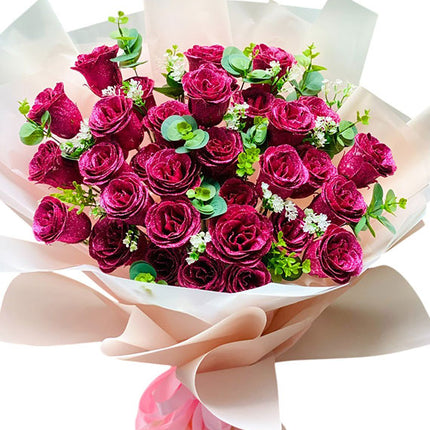 Dark Pink Glitter Wax Roses Bouquet Vietnam