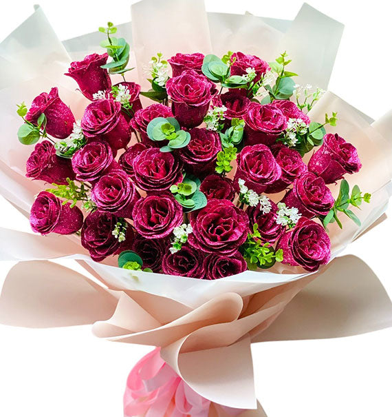 Dark Pink Glitter Wax Roses Bouquet Vietnam