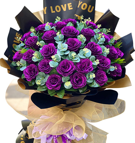 Dark Purple Glitter Wax Roses Bouquet Vietnam