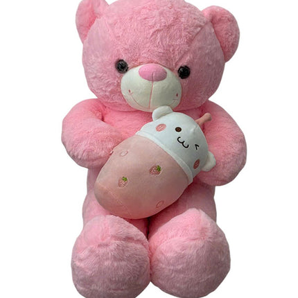 Pink Teddy Bear With Milk Tea Bottle
