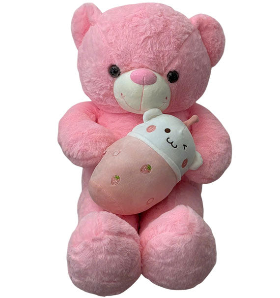 Pink Teddy Bear With Milk Tea Bottle
