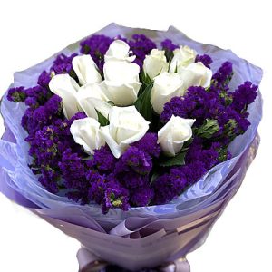 Sympathy Bouquet Purple Statice & White Roses