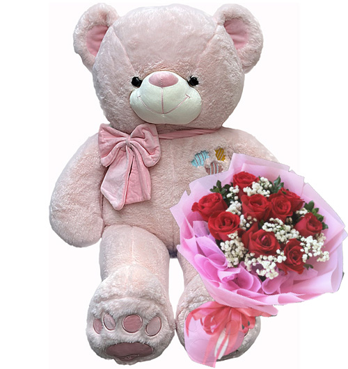 Pink bear in pink bow and 9 rose