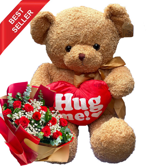 Teddy bear hug me with 12 roses