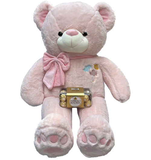 Pink bear in pink bow with ferrero 16 chocolates