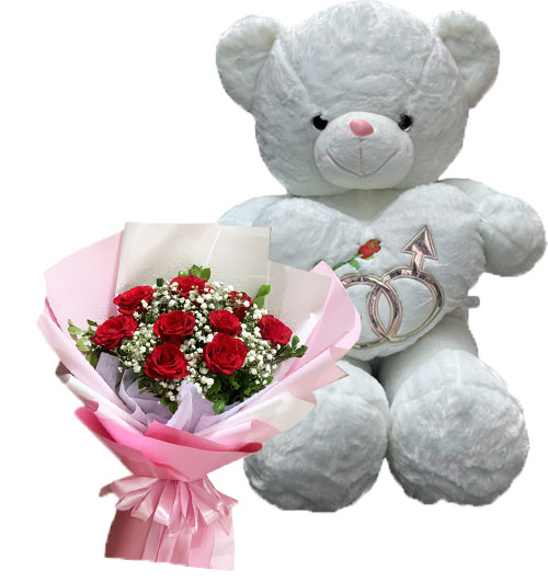 White teddy bear and 9 rose