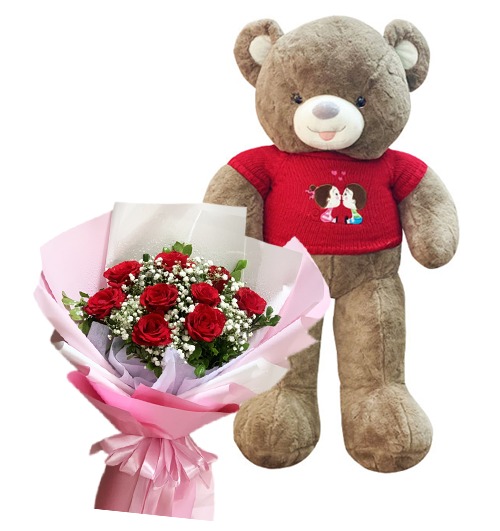 teddy bear and 9 rose